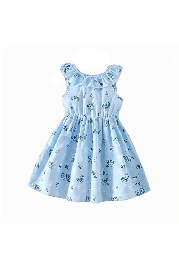 Toddler Girl Sundress Floral Dress Beach Vacation Ruffle Dress Girls Princess Easter Dress Birthday Party Trendy Spring Summmer Outfit #Sky Blue 3-4 Years