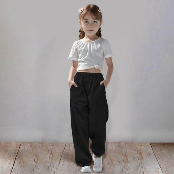 Toddler Girl Sweatpants Drawstring Jogger Sweatpants With Pockets Solid Color Black Sweat Pants For Girls Little Girls Clothes Size 13-14 Years