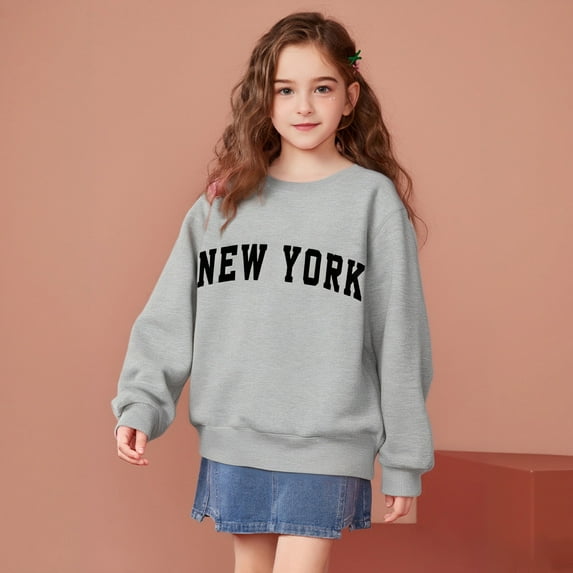 Toddler Girl Sweatshirt Long Sleeve Kids New York City Letter Print Sweatshirt Crewneck Sweatshirts Pullover Tops Fall Winter Clothes Girls Sweatshirts Size 3-4 Years Kids Clothes