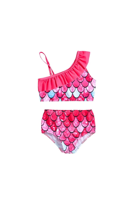 Toddler Girl Swim 2Piece Fish Scale Bathing Suits Flounce Bikini Tankini Set Beach Swimwear Girls' Dress Red,5-6 Years