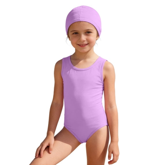 Toddler Girl Swim One Piece Girls Bathing Suits Size 8-10, Solid Color Swimsuit With Matching Swim Cap for Girls Comfortable Bathing