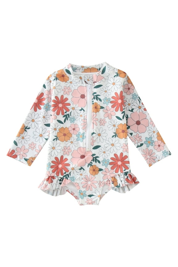 Toddler Girl Swimsuit 5T Long Sleeve Rashguard Floral Prints Swimwear Zip Swimsuit Bikini Bathing Suit White,110