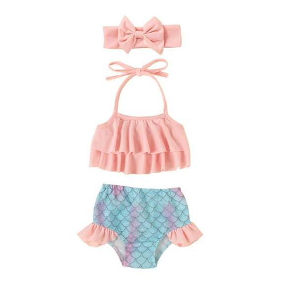 Toddler Girl Swimsuit Bathing Suit Ruffled Halter Crop Top Lace up Tankini with Headbow 3 Set Summer Beach Outfits Mermaid Swimsuit For Girls Bandeau Beachwear