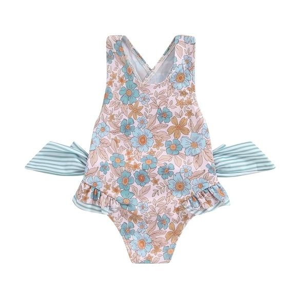 Toddler Girl Swimsuit Floral Print Sleeveless U-Neck Swimwear Cute Ruffled Bathing Suits