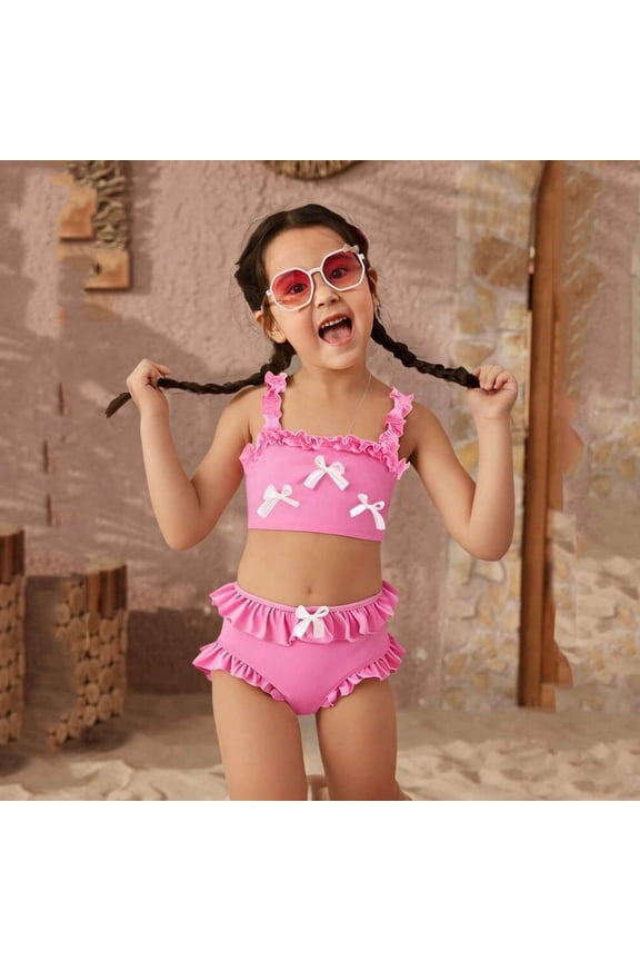 Toddler Girl Swimsuit Girl's Korean Style Bow Ruffle Two Piece Bikini Set Girls Bathing Suits Red 6-7 Years