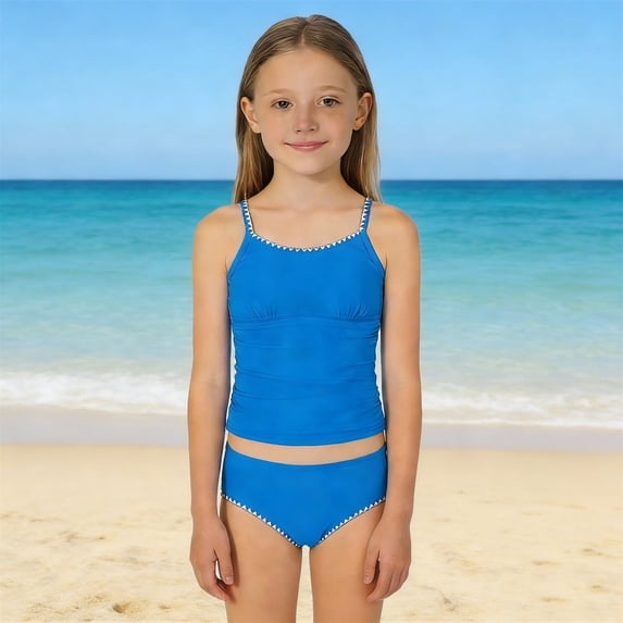 Toddler Girl Swimsuit Girl's Solid Color Contrast Trim Two Piece Padded Swimsuits Baby Girl Bathing Suit Blue 10-11 Years