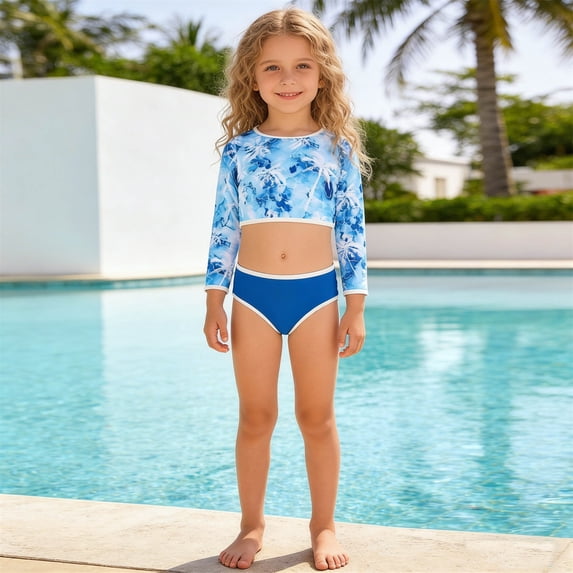 Toddler Girl Swimsuit Girl's Two Piece Upf 50 Rash Guard Set with Swim Shorts Baby Bathing Suit Girl Sky Blue 3-5 Years