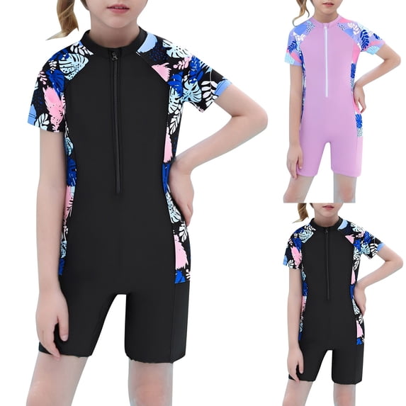 Toddler Girl Swimsuit One Piece Graphic Print Neck Short Sleeve Zipper for Beach Bathing Suits for Girls Black 6 Years-7 Years