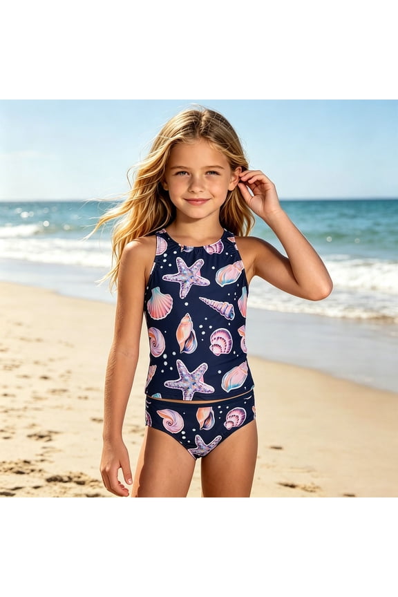 Toddler Girl Swimsuit Size 6-7Y Cute Mixed Print Tankini Swimsuit Set Beachwear 2 Piece Girls Bathing Suit