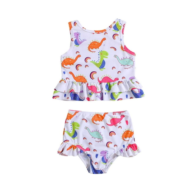 Toddler Girl Swimsuit Summer Cartoon Dinosaur Printed Ruffles Two Piece Swimwear Bikini Baby Bathing Suit Girl,Size 3 Years-4 Years