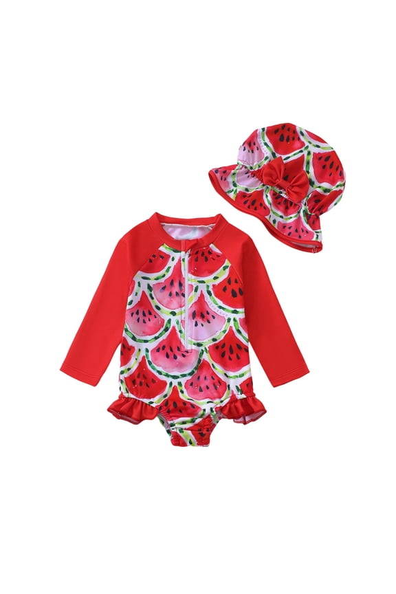 Toddler Girl Swimsuit Summer Floral Print Long Sleeve Zip Up Rash Guard One Piece Bathing Suit with Cap for Kids Red 18 Months-24 Months