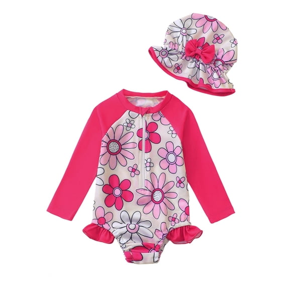 Toddler Girl Swimsuit Summer Floral Print Long Sleeve Zip Up Rash Guard One Piece Bathing Suit with Cap for Kids Watermelon Red 6 Months-9 Months