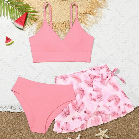 Toddler Girl Swimsuit Toddler Girl's Solid Color Ruffle Three Piece Bikini Set Girls' Swimwear Pink 15-16 Years
