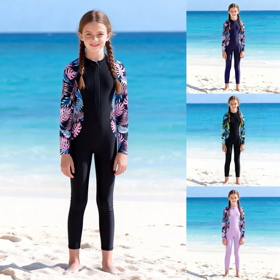 Toddler Girl Swimsuit Tropical Foliage Kids Long Sleeve Full Length One Piece Sun Swimsuit Girls Bathing Suits Navy 7-8Y