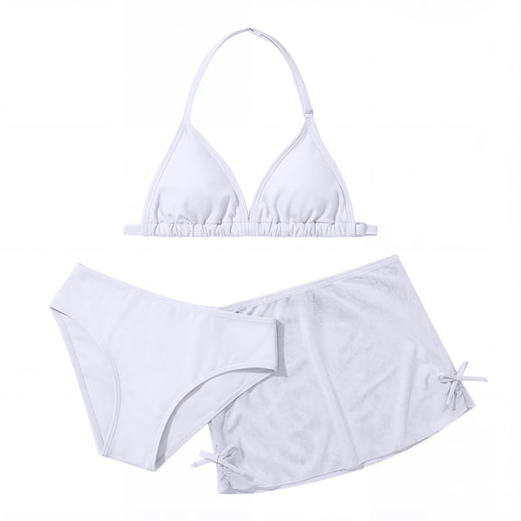 Girls Swimsuits with Cover Up Skirt 3 Piece Halter Triangle Bathing Suits Bikini Set for Size 5-13