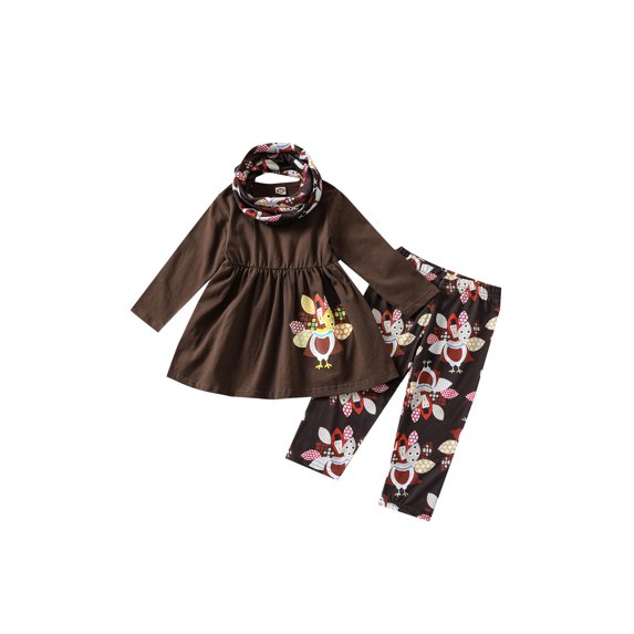 Toddler Girl Thanksgiving Outfits Ruffle Long Sleeve Blouse Turkey Print Tops Leopard Leggings Set