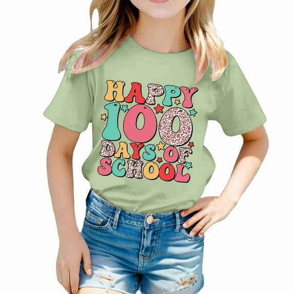 Toddler Girl Tops 100 Days Of School Tshirt Kids Letter Graphic Printed Loose Short Sleeve T Shirts Crew Neck Preppy Tops Girls' Tops, Tees & Blouses Light Green,12-13 Years