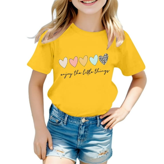 Toddler Girl Tops Fall 11-12 Years Tee Shirt Preppy Clothes Letter Print T-Shirts Toddler to Big Kid Sizes Yellow