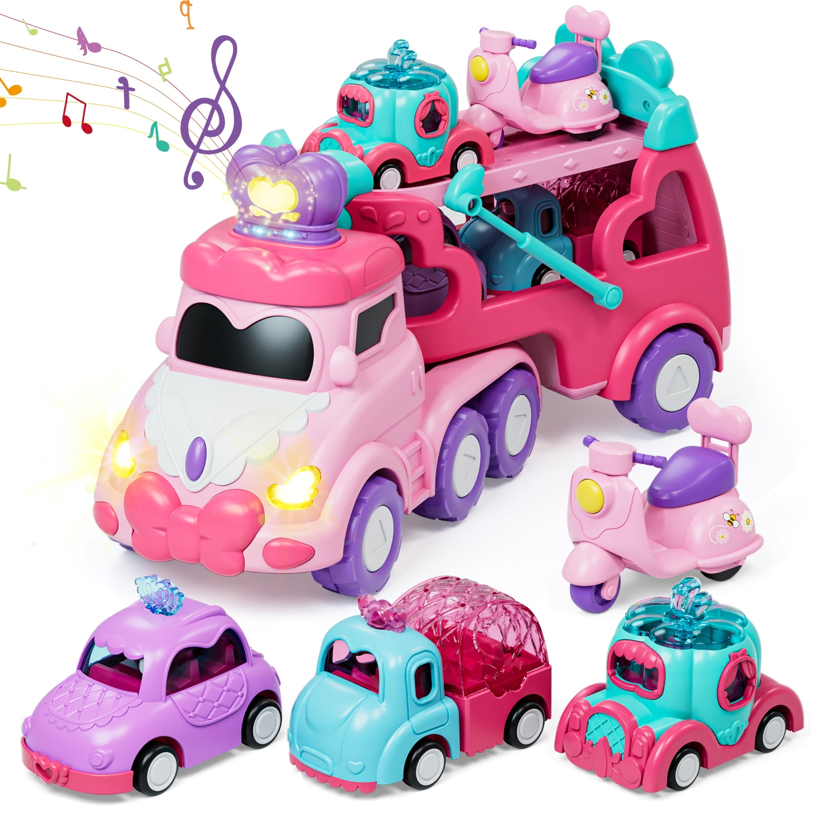 Toddler Girl Toys, 5-in-1 Princess Toy Cars for Girls with Lights & Music, 2 Year Old Girl Toys, Unicorn Toys, Car Carrier Truck Toy, Easter Birthday Gifts for 1 2 3 Year Old Girls