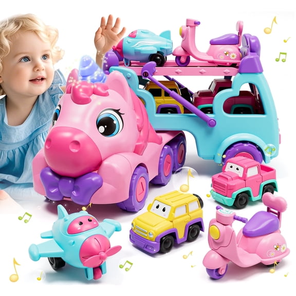 Toddler Girl Toys, 5-in-1 Unicorn Transport Truck for 2 3 4 Year Old Girls, Kids Toy for 2 Year Old Girls with Light & Music, Toddler Toy Truck Car for 2-4 Girls Birthday Gift
