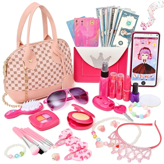 Toddler Girl Toys - Little Girl Purse, Toddler Purse Play Makeup Toys with Purse/ Wallet/ Toy Phone/ Fake Makeup Set for 3-12