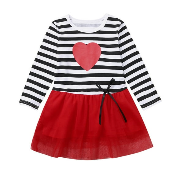 Toddler Girl Valentine's Day Dress Heart Cane Print Long Sleeve A-Line Casual Dress Little Girls Spring Fall Dresses Fashion Cute
