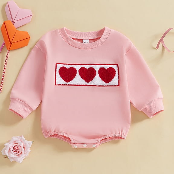 Toddler Girl Valentines Day Outfit Long Sleeve Heart Embroidery Romper Bodysuit Cute Baby Boy Outfits Girls Outfits 0-3 Months