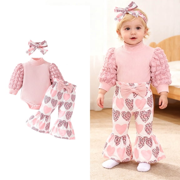 Toddler Girl Valentines Day Outfit Long Sleeve Heart Print Romper Bodysuit Flare Pants and Headband Set Cute Baby Girl Outfit Girl Outfit 0-3 Months
