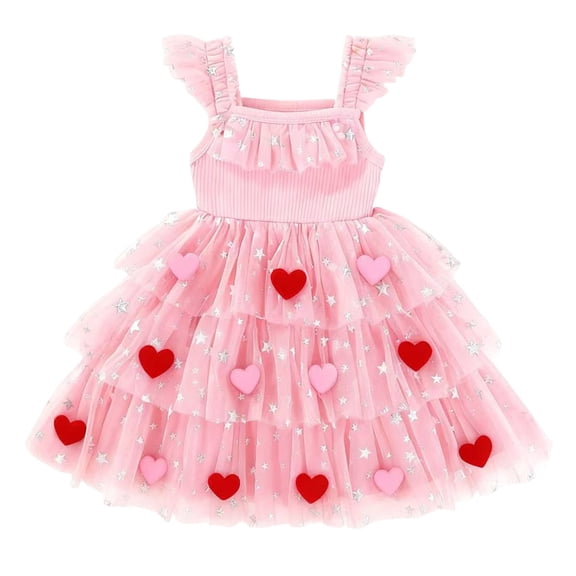 Toddler Girl Valentines Pink Tutu Dress Shiny Star Print Heart Embroidery Tulle Princess Dress Birthday Party Wedding