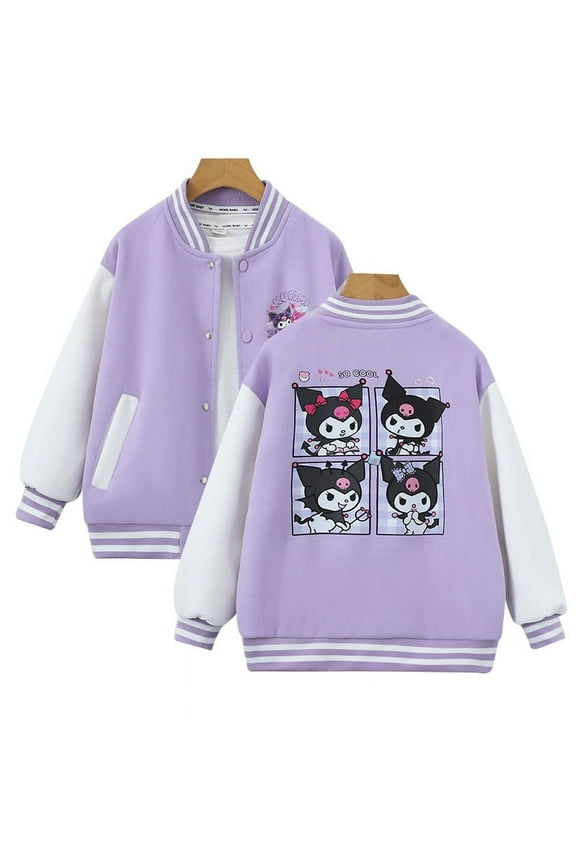 Toddler Girl Varsity Jacket Kuromi Long Sleeve Baseball Bomber Jacket Button Front Coat(Purple)