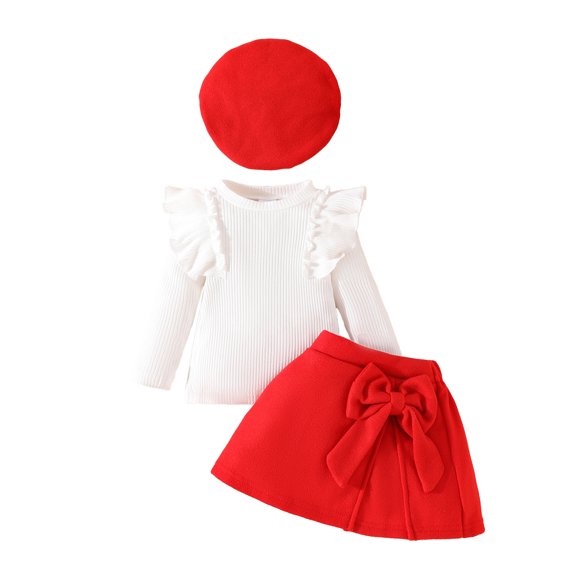 Toddler Girl Winter Clothes Solid Bowknot Ribbed T-Shirt Knit Cotton Tops Plaid Button Mini Skirts Hat Set Outfits 9-12 Months,Red
