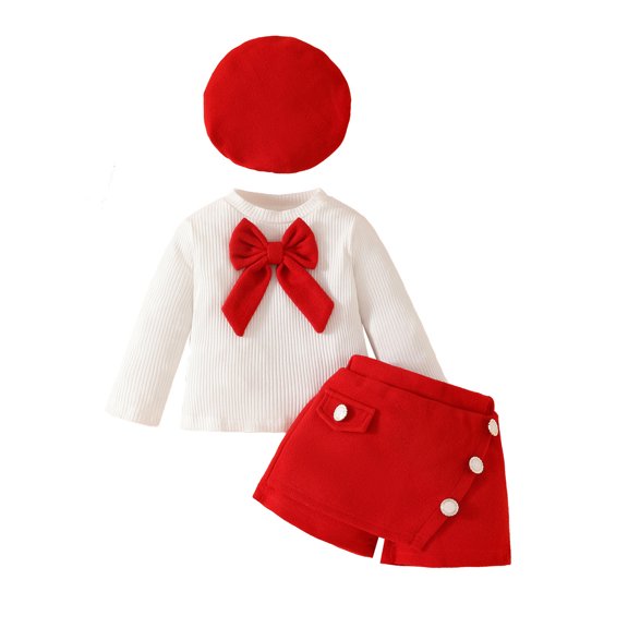 Toddler Girl Winter Clothes Solid Long Sleeve Bowknot Ribbed T-Shirt Knit Cotton Tops Plaid Button Mini Skirts Hat Set Outfits 18-24 Months,Red