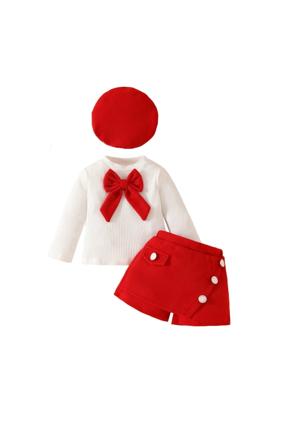 Toddler Girl Winter Clothes Solid Long Sleeve Bowknot Ribbed T-Shirt Knit Cotton Tops Plaid Button Mini Skirts Hat Set Outfits 9-12 Months,Red