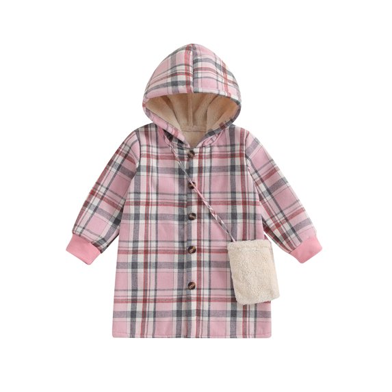 Toddler Girl Winter Coat Plaid Print Long Sleeve Hoodie Jacket and Crossbody Bag for Infant Baby Spring Fall Outwear