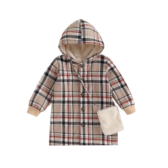 Toddler Girl Winter Coat Plaid Print Long Sleeve Hoodie Jacket and Crossbody Bag for Infant Baby Spring Fall Outwear