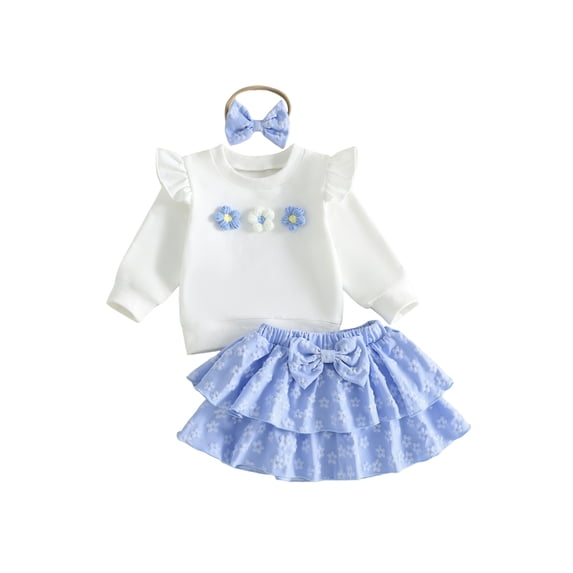 Toddler Girl Winter Fall Outfit Flower Sweatshirt Layered Skirt Headband