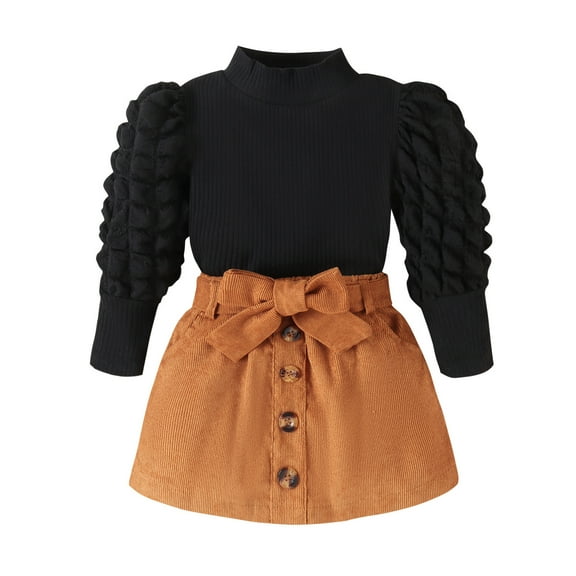Toddler Girl Winter Fall Outfit Long Puff Sleeve Sweater Belt Mini Skirt Side Pocket Clothing Set 9M-4T