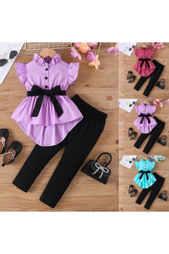Toddler Girl's 2 Piece Outfit Suits Solid Color Ruffle Sleeve Stand Collar Top Long Pants Outwear Suits