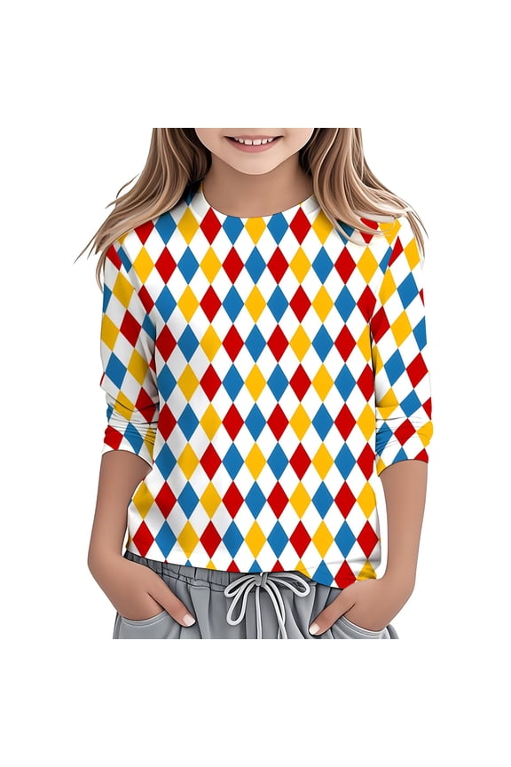 Toddler Girl's 3/4 Sleeve Top Carnival Diamond Pattern Print Crew Neck Loose Top White 4 Y-5 Y