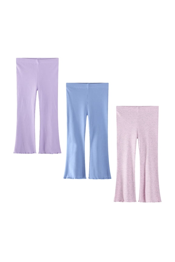 Toddler Girl's 3-Pack Bell Bottom Flare Pants, Crafted from Soft Ribbed Cotton and Adorned with Ruffles, A Delightful Addition to Her Closet