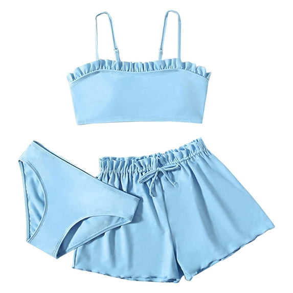 Toddler Girl's 3 Piece Swimsuits Soild Bikini Rullfe Bathing Suit Briefs Girls Bikini Swimwear Set(Color:Blue,Size:12-14 Years)