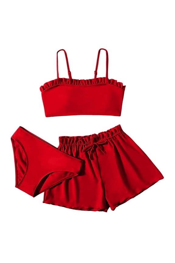 Toddler Girl's 3 Piece Swimsuits Soild Bikini Rullfe Bathing Suit Briefs Girls Bikini Swimwear Set Girl's 3 Piece Swimsuits Solid Bikini Ruffle Bathing Suit(Color:Red,Size:12-14 Years)