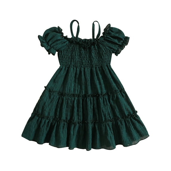 Toddler Girls A-line Dress, Short Sleeve Off-shoulder Spaghetti Straps Pleated Summer Dress