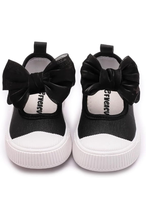Toddler Girl's Canvas Sneakers Bowknot Mary Jane Flat Shoes for Baby Kids School Uniform Dress Shoes