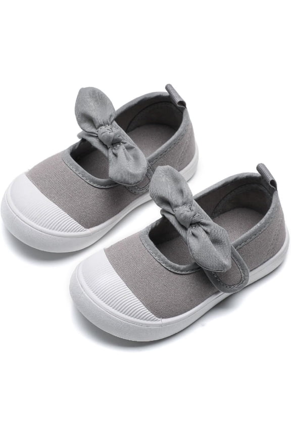 Toddler Girl's Canvas Sneakers Bowknot Mary Jane Flat Walking Shoes for Baby Kids School Uniform Dress Shoes