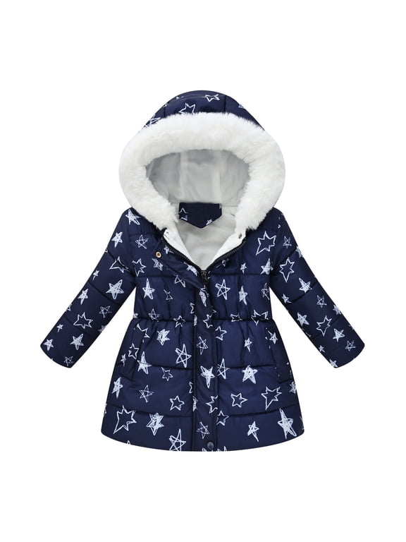 Toddler Girl's Cute Jackets Hooded Zip Up Star Print Thicken Windproof Coats Kids Fall Winter Outwear Size 2-3T