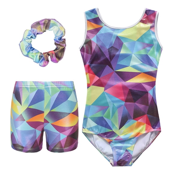 Toddler Girl’s Dance Leotards Gymnastics Unitards Athletic Sleeveless Bodysuits 3 Pieces Tumbling Practice Dancewear Matching Shorts Hair Scrunchie