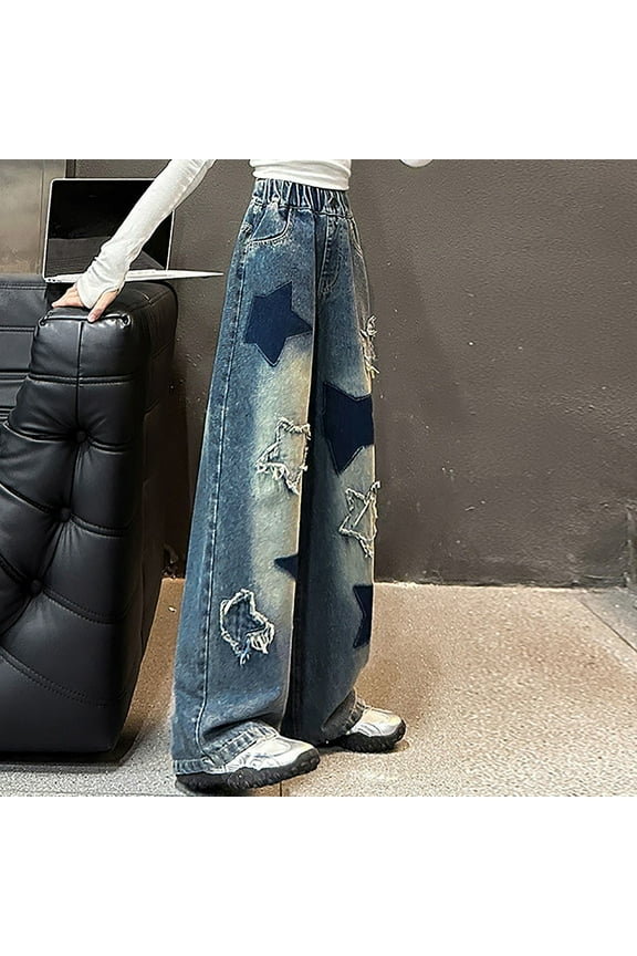 Toddler Girl's Elastic Waist Wide Leg Cargo Jeans Baggy Denim Pants with Flap Pocket Y2k Ripped Straight Leg Baggy Jeans Kids Girls Black
