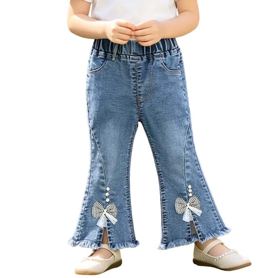 Toddler Girl's High Waisted Bow Front Bell Bottom Jeans Flare Leg Denim Pants Casual Fashion Cute Bowknot Jeans Pants with Pockets 6M-5Y