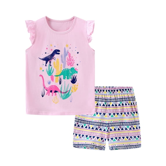 Toddler Girl's Outfits Short Sleeved Knitted Cotton Cute Dinosaur Pattern Summer Cartoon Embroidery Two Piece Set Clothes for Girl Size 2-3T